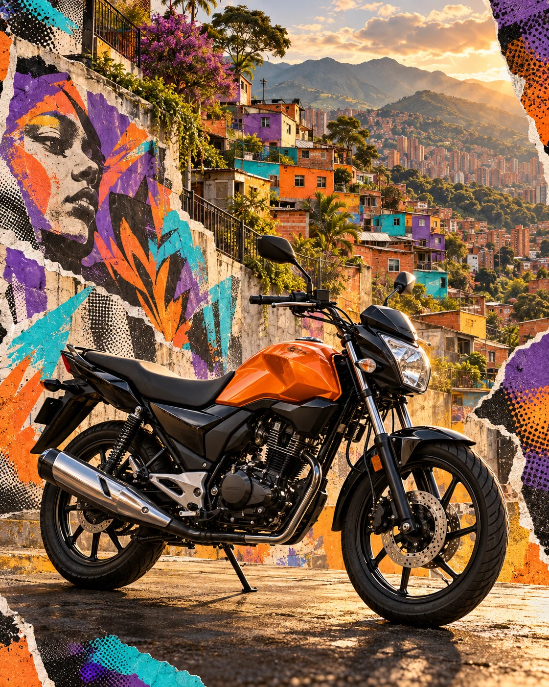 Ilustración original de una moto naranja frente a murales y casas de una ladera inspirada en San Javier